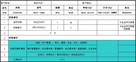 大金新风配置表